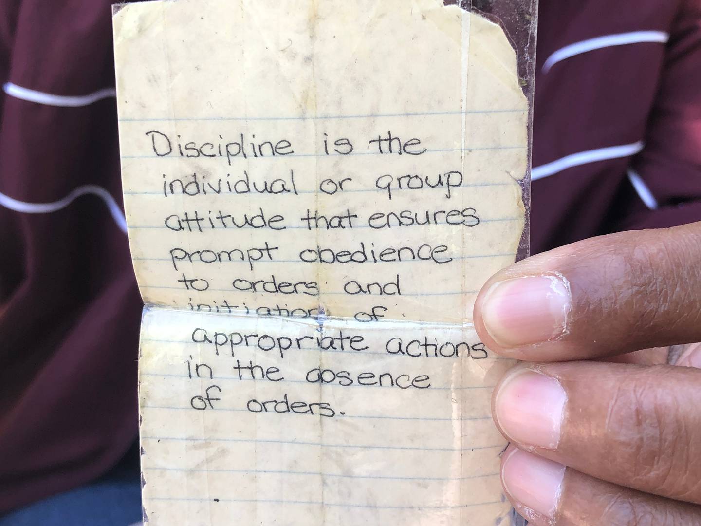 U.S. Army veteran Reginald Bardliving, 54, said he has had this note in his wallet since he started boot camp in 1989. He was one of several veterans who rendered aid on Tuesday, May 9, 2023, when a crash happened in front of their home for veterans.