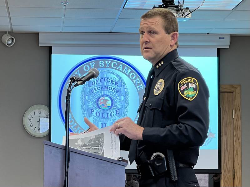 Sycamore Police Chief Jim Winters speaks to Sycamore City Council while giving the Sycamore Police Department 2022 annual report on May 1, 2023.