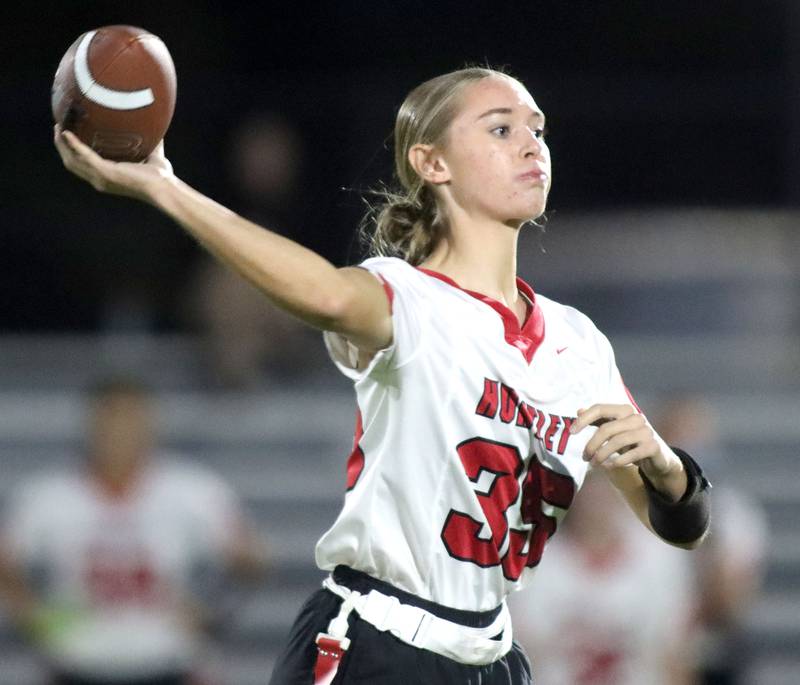 Huntley’s Teagan Polhemus fires a pass in varsity flag football at Owen Metcalf Field on the campus of Crystal Lake Central High School in Crystal Lake on Tuesday, Sept. 16, 2025.