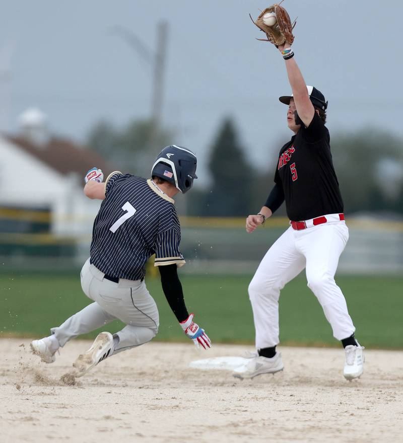 Indian Creek's Sam Genslinger takes the throw as Hiawatha's Cole Brantley slides safely into second with a stolen base during their game Thursday, April 20, 2023, at Indian Creek High School in Shabbona. The game was stopped in the first inning due to weather.