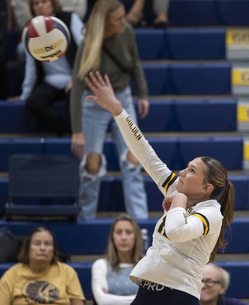 Sterling’s Kaelee Varden hits against Galesburg Thursday, Oct. 16, 2025.