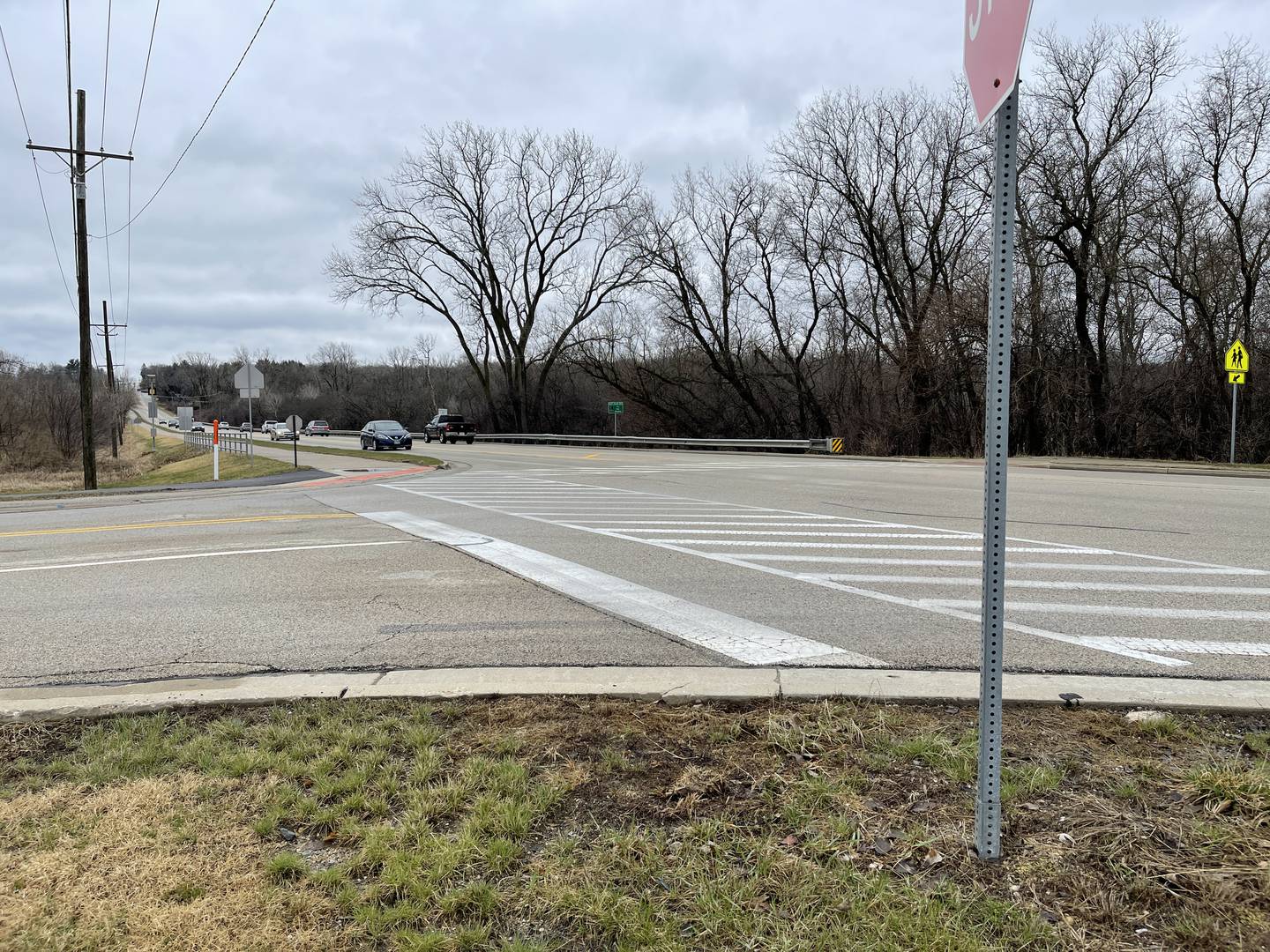 The intersection of Dvorak Drive and Walkup Road outside Prairie Ridge High School in Crystal Lake, pictured Thursday, March 31, 2022, is within a high crash site, with several officials and parents saying there should be a stoplight placed at the spot.