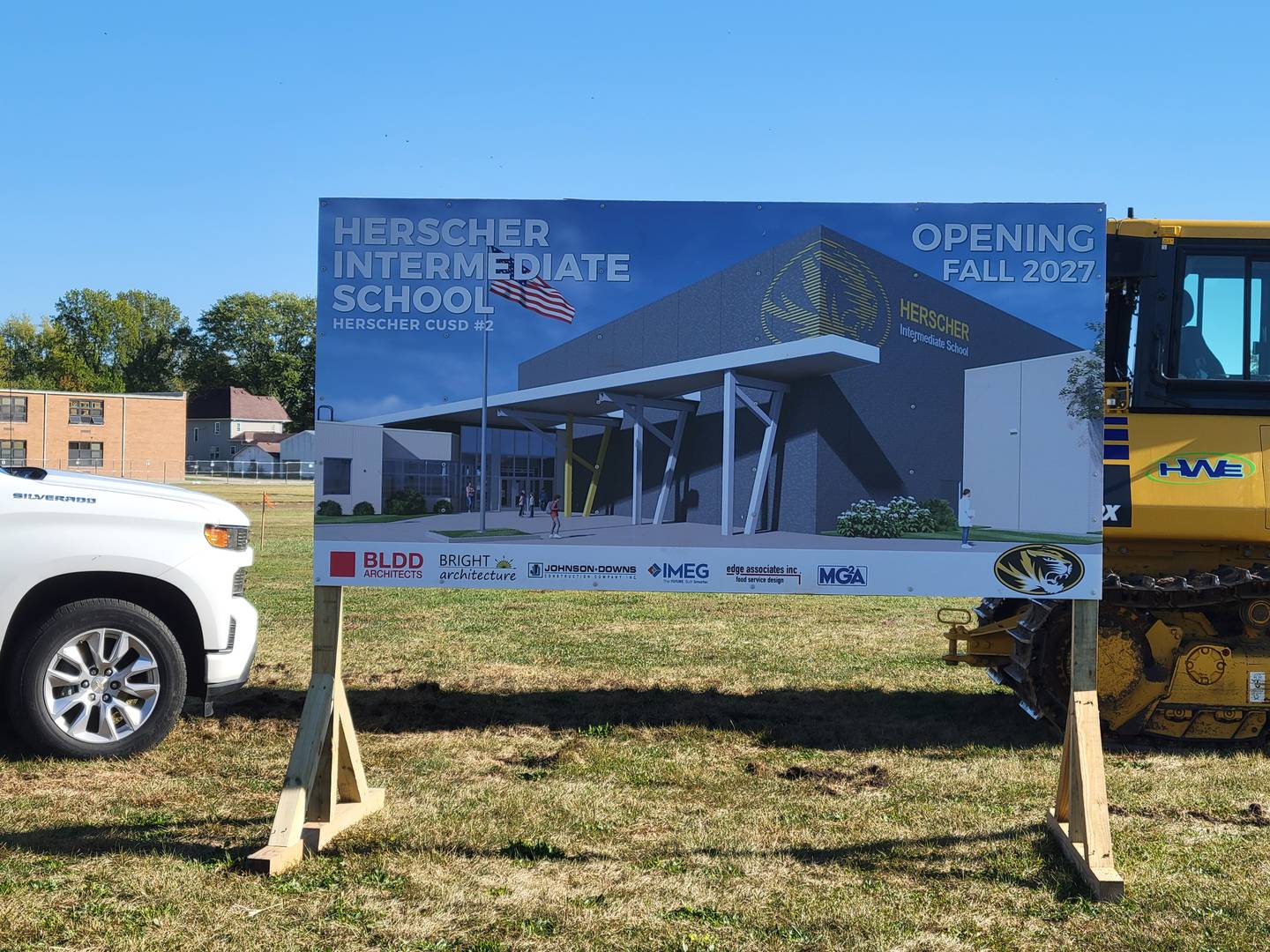 A sign near the future campus of the new Herscher Intermediate School notes that the building will be open in Fall 2027. A groundbreaking ceremony was held on Thursday, Oct. 9, 2025.