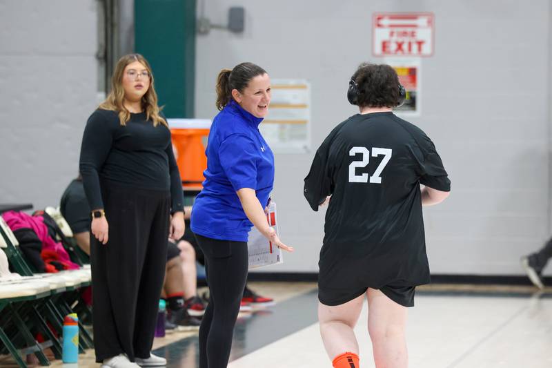 River Valley Special Rec coach Jennifer Baron high fives player Britney Craft-Wills as she subs out in their game against Lincolnway Special Recreation Association at Bishop McNamara on Friday, Jan. 30, 2026.