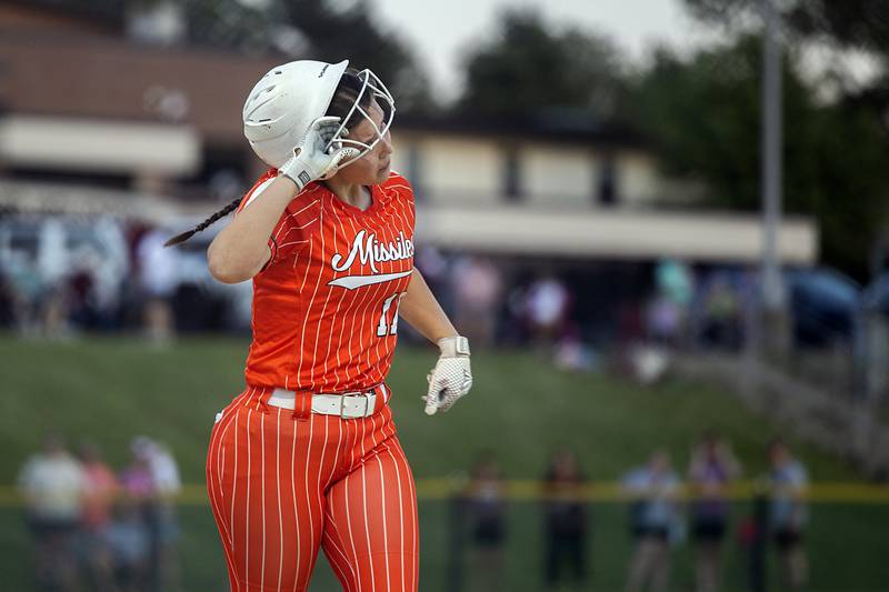 Milledgeville’s Brinley Hackbarth comes off the field as the game ends against Dakota Tuesday, May 26, 2026, at the Eastland Class 1A softball sectional quarterfinal.