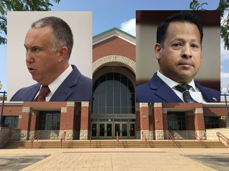 Retired Joliet police Sgt. Javier Esqueda (right) is scheduled for a bench trial on Dec. 16 for his felony official misconduct case. Kendall County State's Attorney Eric Weis (left) is prosecuting the case against Esqueda.