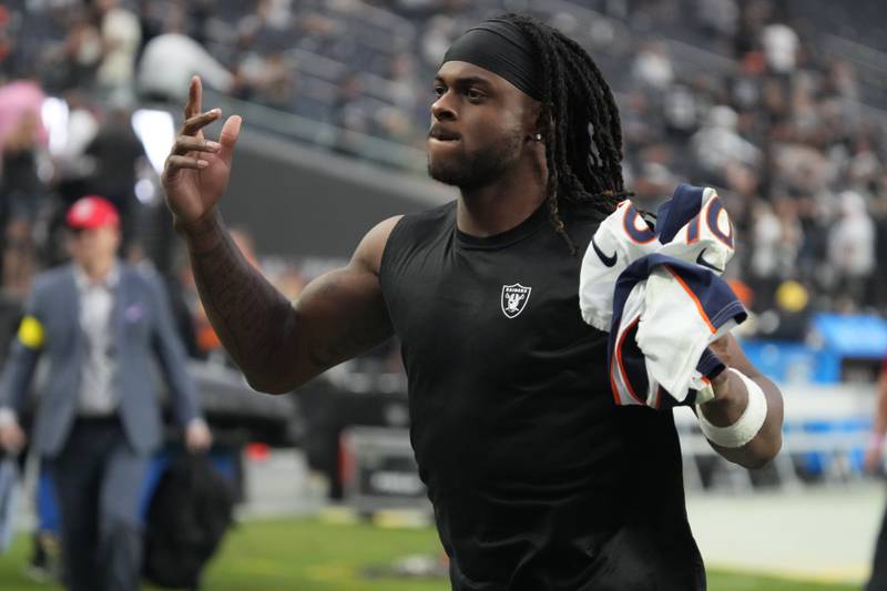 Las Vegas Raiders wide receiver Davante Adams (17) during the first half of an NFL football game against the Denver Broncos, Sunday, Oct 2, 2022, in Las Vegas. (AP Photo/Rick Scuteri)