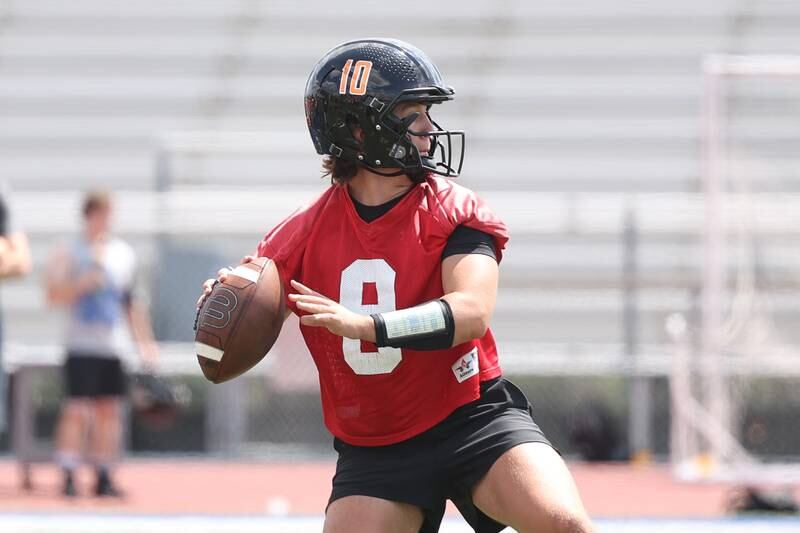 Lincoln-Way West’s Drew Like looks to pass during a 7-on-7 scrimmage at Lincoln-Way East on Tuesday, July 18th, 2023 in Frankfort.