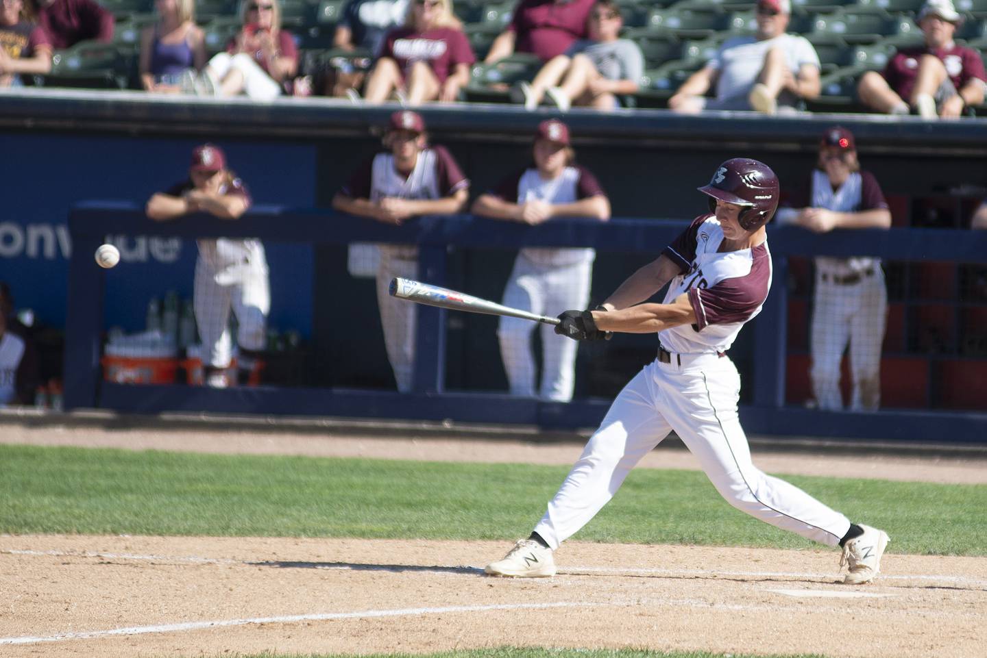 Richmond-Burton’s Ethan Fischer drives in the first run for the Rockets against Maroa-Forsyth Friday, June 3, 2022 during the IHSA Class 2A baseball state semifinal.
