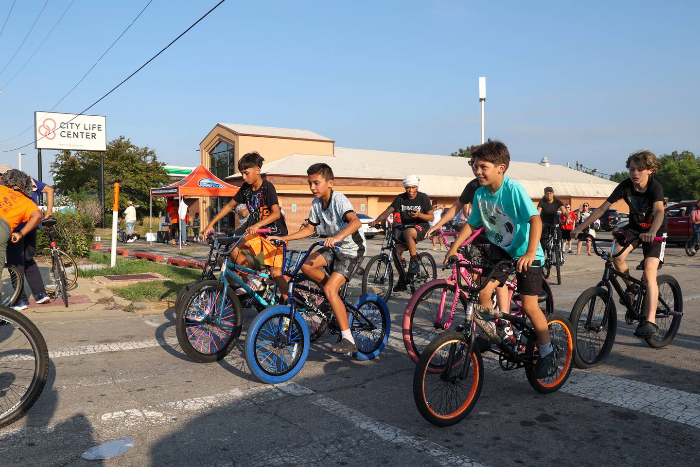 Young participants depart on the annual Bike Against Violence ride on Tuesday, July 22, 2025, from the Youth For Christ City Life Center in Kankakee.
