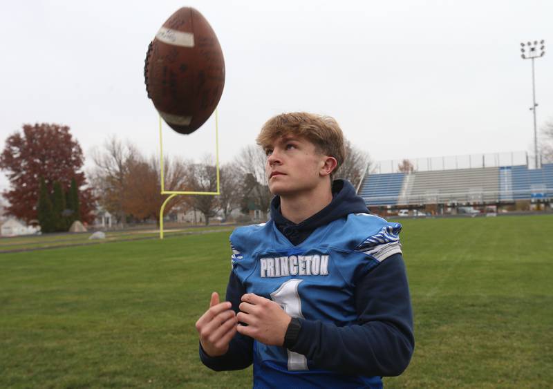 Princeton's Casey Etheridge poses for a photo on Thursday, Nov. 20, 2025 on Bryant Field at Princeton High School. Etheridge is the 2025 NewsTribune offensive football player of the year.