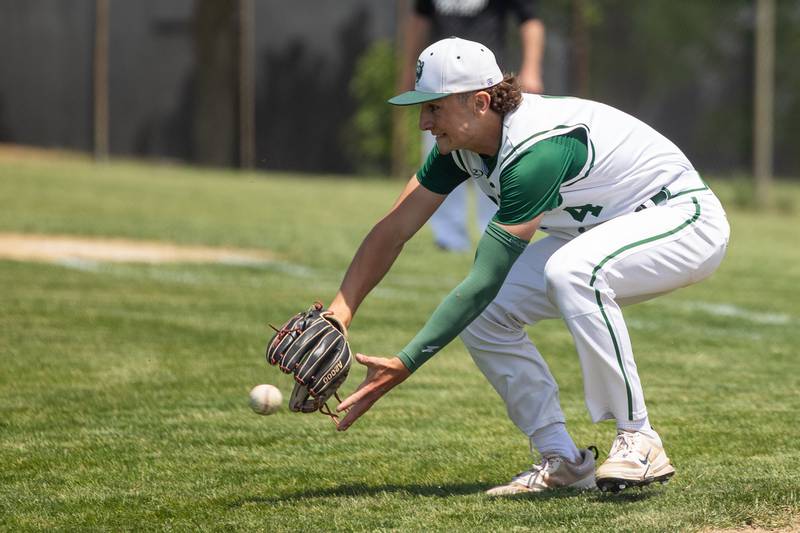 (4) Gino Ferrari of St. Bede fields ball on Saturday, May 24, 2025 at Stark County High School in Toulon.