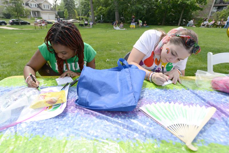 (left) Shauna Cleveland and Allie Schuerenberg of Naperville create art on a mini canvas during the Downers Grove Pride Fest Saturday June 7, 2025.