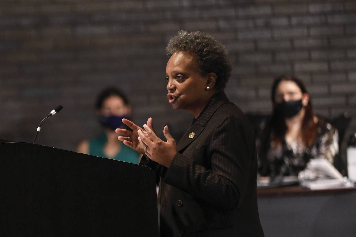 Chicago Mayor Lori Lightfoot fields questions about the City of Chicago's water treatment program on Thursday, Dec. 17, 2020, at Joliet City Hall in Joliet, Ill. Chicago Mayor Lori Lightfoot and Hammond Mayor Thomas McDermott Jr. made presentations at a special meeting of the Joliet City Council ahead of their decision on where to purchase water for the City of Joliet.