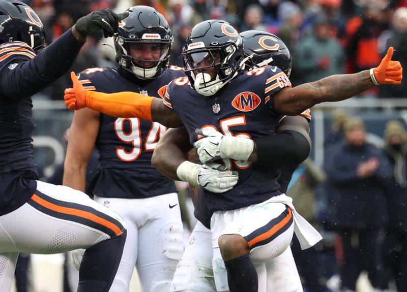 Chicago Bears safety C.J. Gardner-Johnson celebrates with teammates after sacking New York Giants quarterback Russell Wilson Sunday, Nov. 9, 2025, during their game at Soldier Field in Chicago.