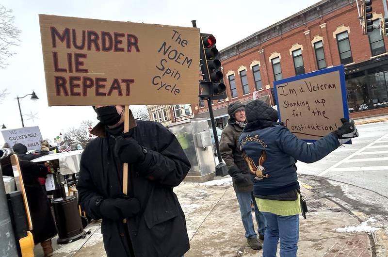 These were two of the signs shown at Indivisible of Ogle County's protest in downtown Oregon on Sunday, Jan. 25, 2026. Approximately 120 people attended the protest criticizing the Trump administration's deployment of ICE officers and the shooting death of Alex Pretti by ICE agents on Saturday in Minneapolis.