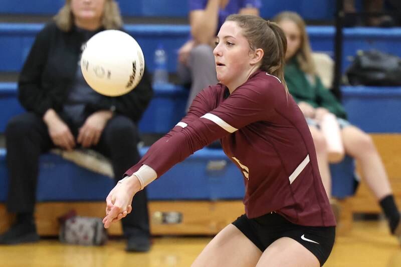 Marengo's Gianna Almeida bumps the ball Thursday, Oct. 27, 2022, during their Class 2A Regional final match against Genoa-Kingston at Rosary High School in Aurora.