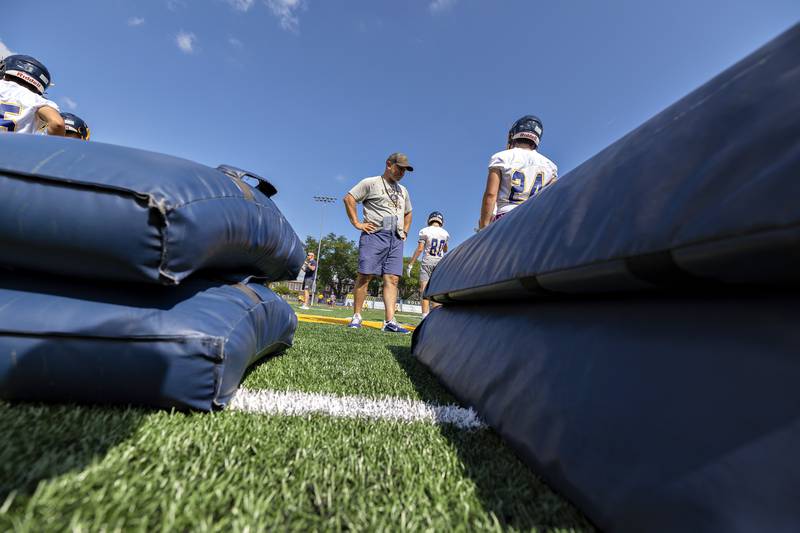 Sterling head coach Jon Schlemmer oversees drills Monday, August 11, 2025, for the first day of football practice.