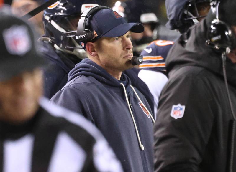 Chicago Bears head coach Ben Johnson watches his team Sunday, Jan. 18, 2026, during their NFC divisional playoff matchup against the Los Angeles Rams at Soldier Field in Chicago.