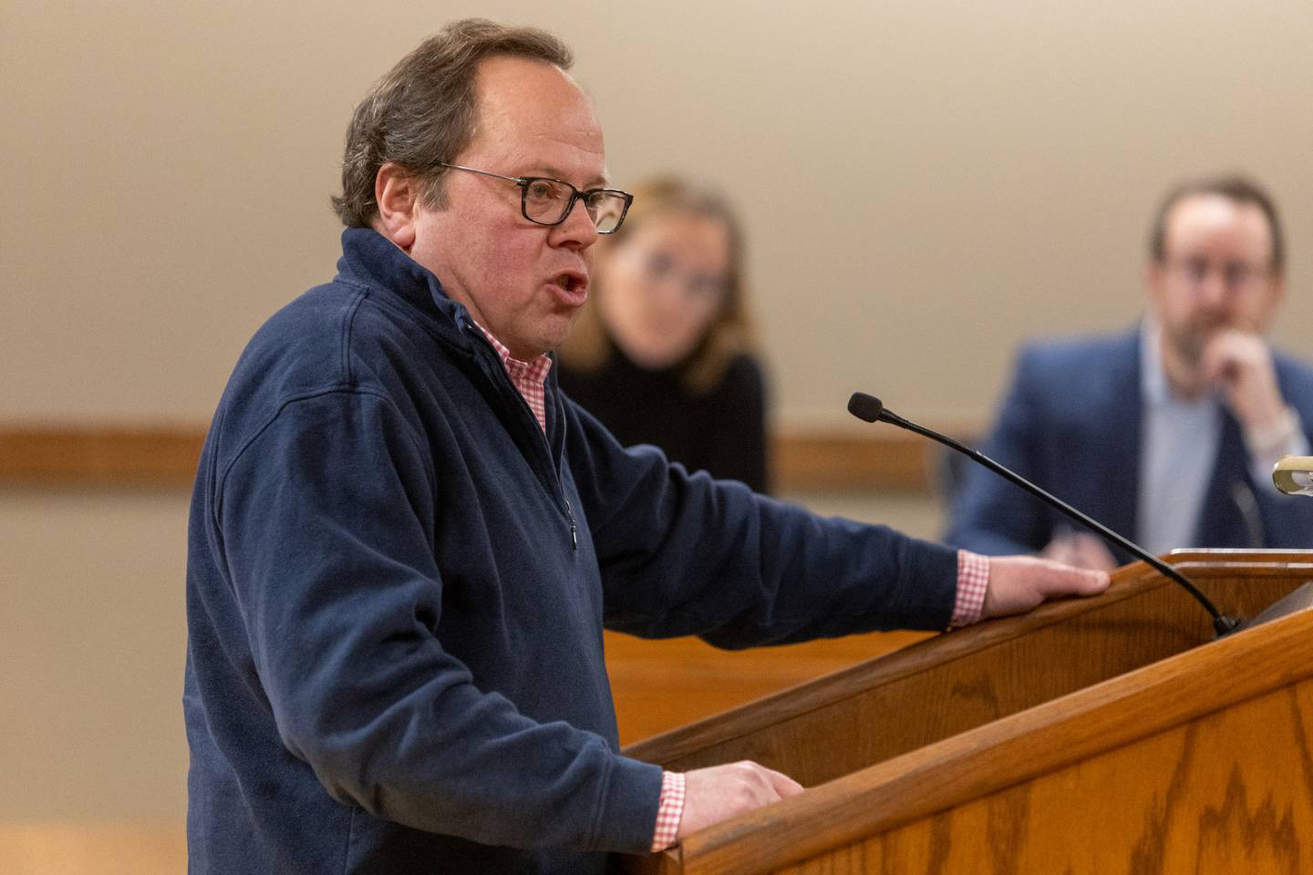 David Patzelt speaks on behalf of the Shodeen Group at Geneva City Council special meeting regarding the Blacksmith Shop on Monday, Jan. 12,2026 in Geneva.