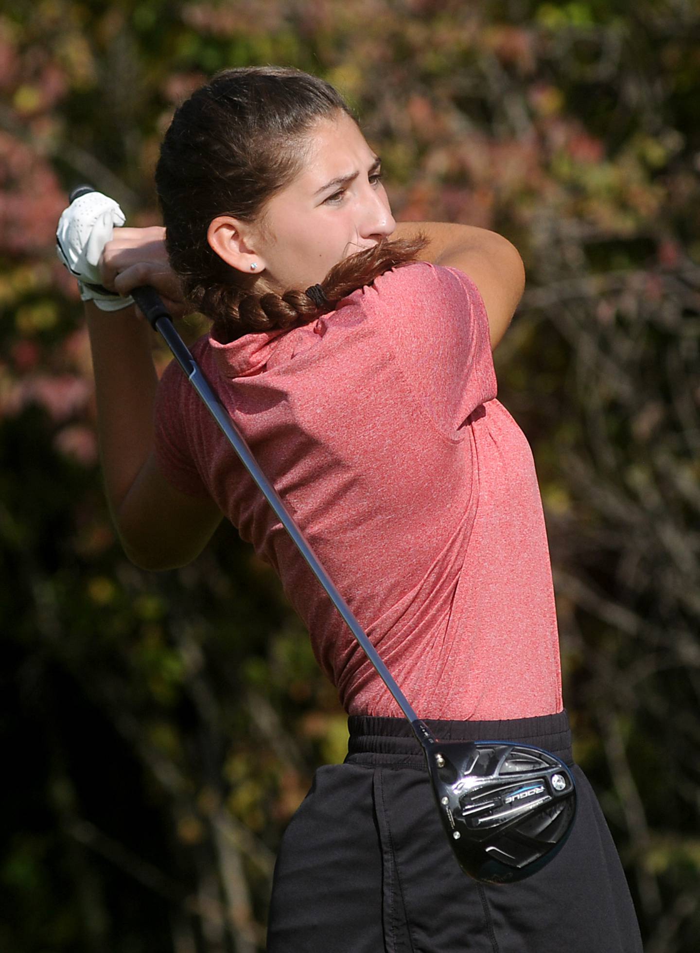 Marian Central’s Ella Notaro watches her tee shot on the third hole of the Valley Course during the IHSA Class 1A Marian Central Girls Golf Regional Thursday morning, Sept. 30, 2021, at Boone Creek Golf Club, in Bull Valley.