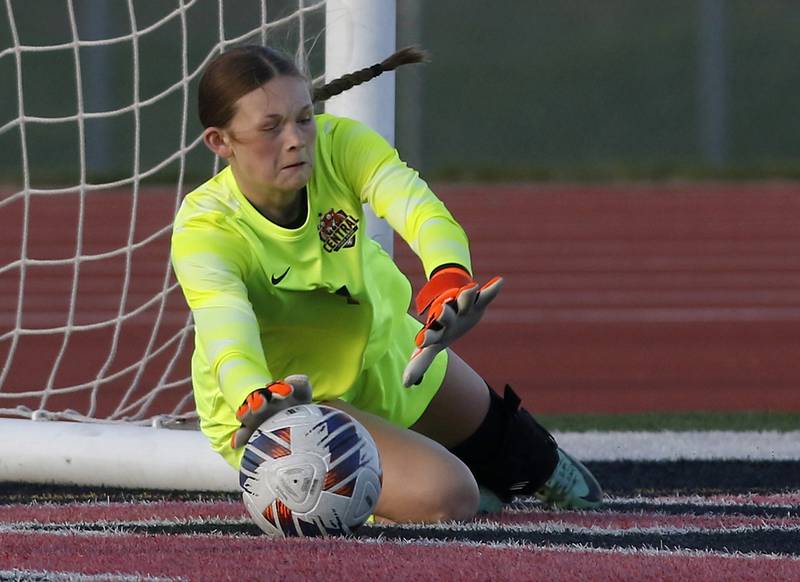 Crystal Lake Central's Ryleigh Smith blocks a shot on goal during a Fox Valley Conference  soccer match on Tuesday, April 15, 2025, at Huntley High School.