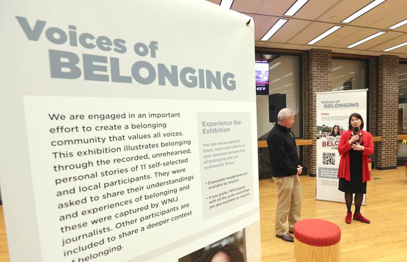 DeKalb Mayor Cohen Barnes and Northern Illinois University President Lisa Freeman speak during the opening reception for the Voices of Belonging exhibit Thursday, March 31, 2022, in Founders Memorial Library at Northern Illinois University in DeKalb. The exhibit is an interactive audio experience promoting acceptance and understanding.