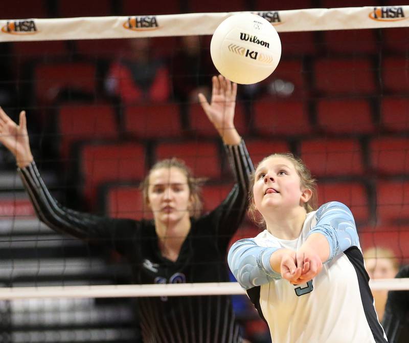 Joliet Catholic's Jessica Horn hits the ball in the air against St. Francis in the Class 3A semifinal game on Friday, Nov. 11, 2022 at Redbird Arena in Normal.