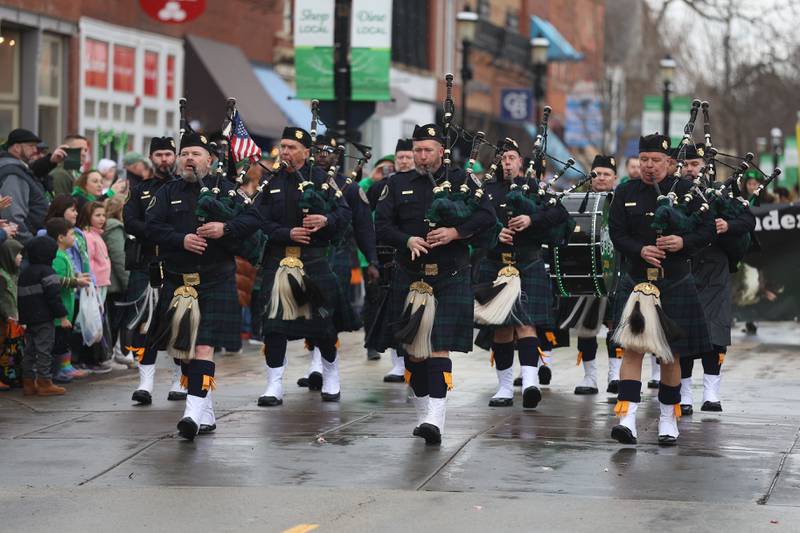 The Joliet Police Department bagpipe and drums corps perform at the annual Plainfield Hometown Irish Parade on Sunday, March 15, 2026 in Plainfield.