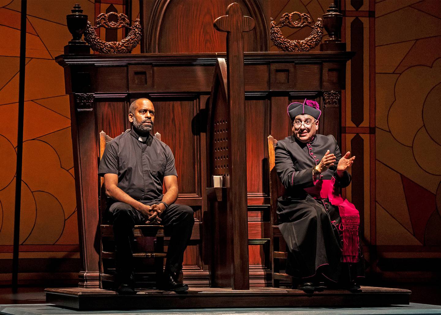 Daniel Breaker and Michael Kostroff in the world premiere comedy Judgment Day. In The Yard at Chicago Shakespeare through May 26, 2024. Photo by Liz Lauren.