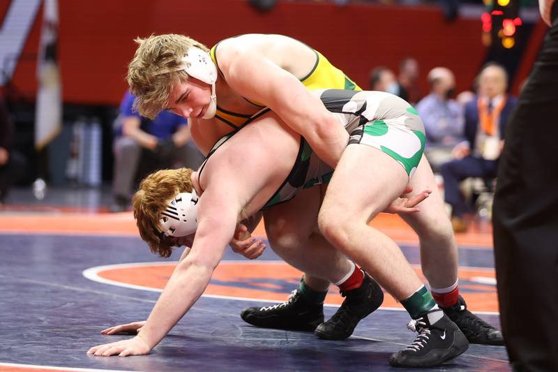 Crystal Lake South’s Shane Moran wrestles Grayslake Central’s Matty Jens in the Class 2A 182-pound championship match at State Farm Center, Saturday, Feb. 19, 2022, in Champaign.