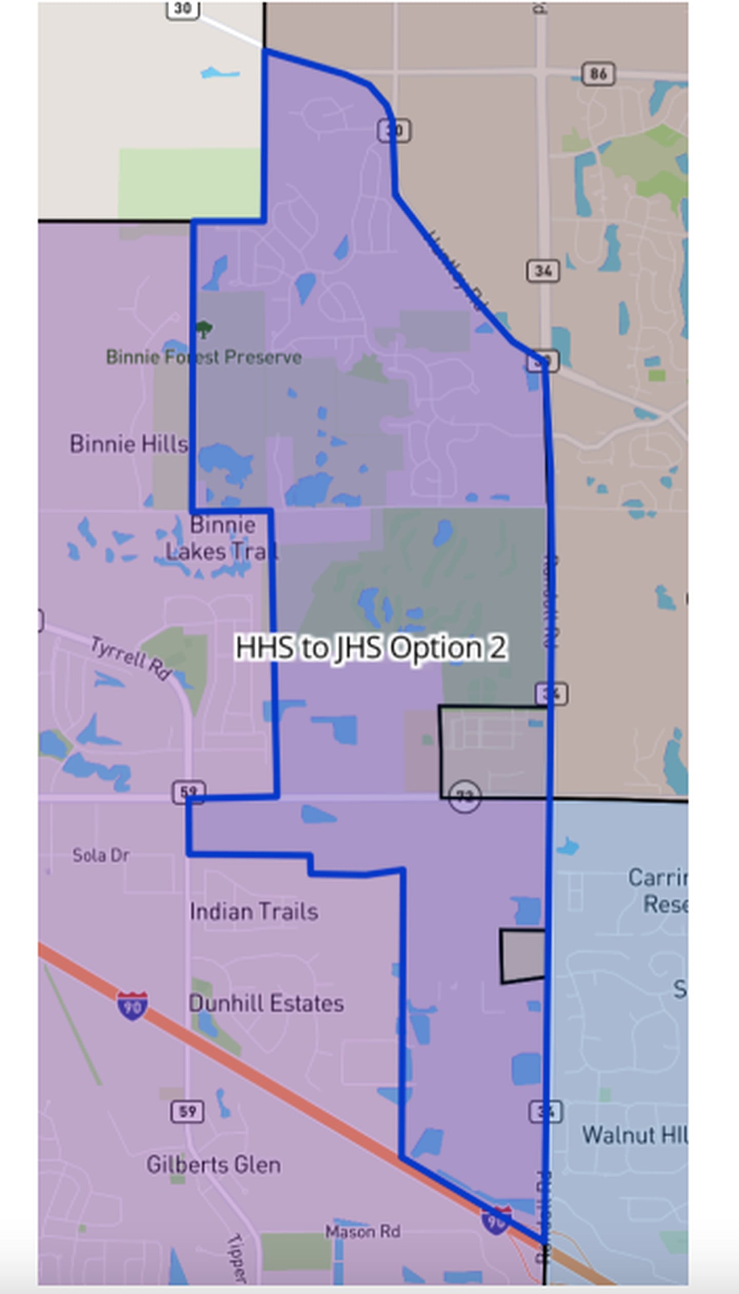 The highlighted area shows where current Hampshire High School students will now be attending Jacobs High School in Algonquin next school year.