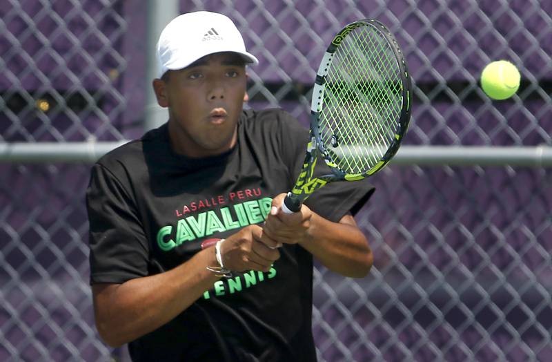 LaSalle-Peru's Daniel Santoy returns the ball as he competes in the Class 1A Boys Doubles State Tennis Tournament on Thursday, May 23, 2024, at Rolling Meadows High School in Rolling Meadows.