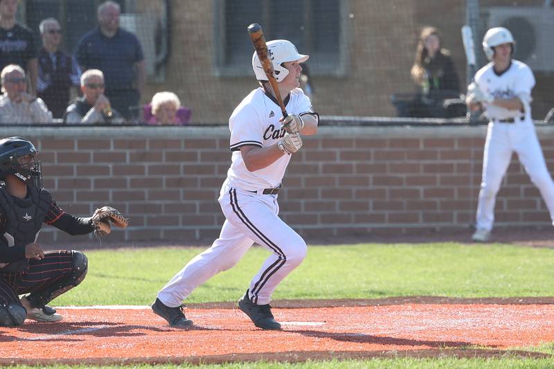 Joliet Catholic’s Zach Pomatto connects against Leo in the Class 2A sectional semifinal on Thursday, May 25, 2023, in Joliet.