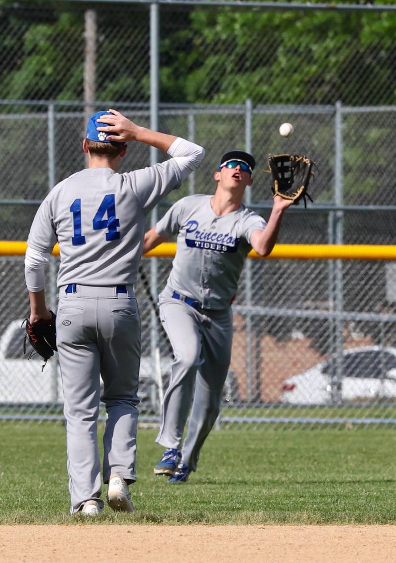 Princeton center field Noah LaPorte shags a fly against Kewane Monday at Prather Field.