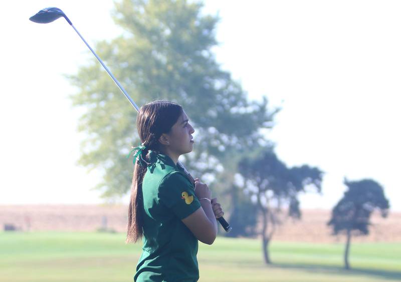 St. Bede's Aliyanna Arteaga tees off during the Class 1A Regionals on Tuesday, Sept. 30, 2025 at Spring Creek Golf Course in Spring Valley.