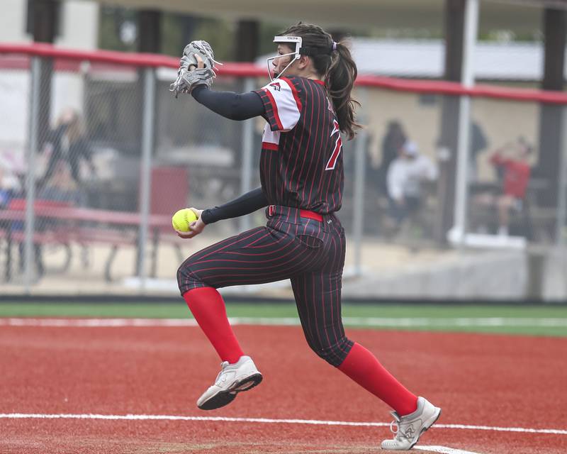 Yorkville's Peyton Levine (7) pitches during softball game between Joliet West at Yorkville on Wednesday, April 30, 2025 in Yorkville.