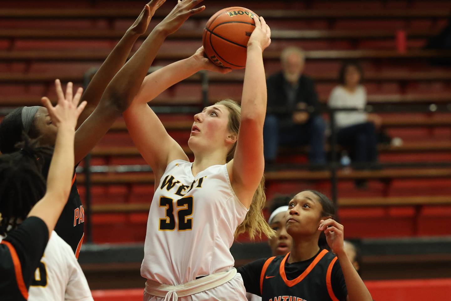 Joliet West’s Brooke Schwall draws the foul taking a shot against East Moline United in the Class 4A Bradley-Bourbonnais Regional championship on Friday, February 17th, 2023 in Bradley.