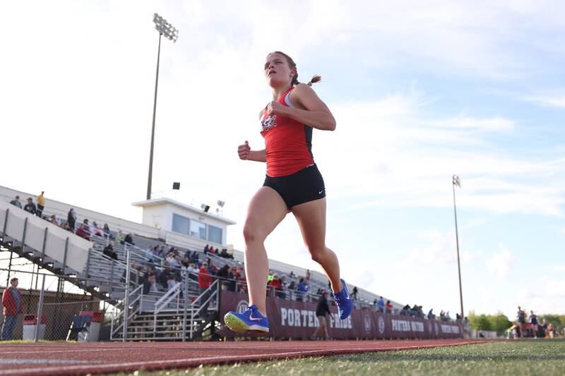 Lincoln-Way Central’s Brea Caunihan heads into a turn int the Girls 3200 Meter at the Class 3A Lockport Sectionals on Friday, May 10, 2024 in Lockport.