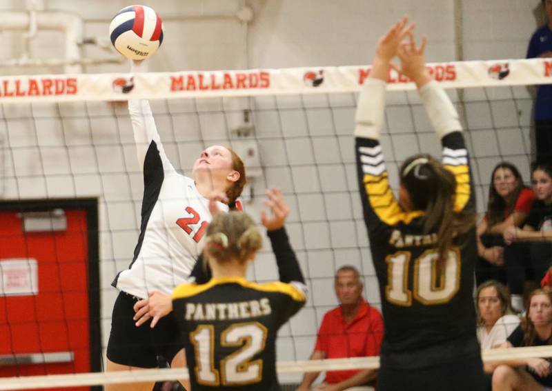 Henry-Senachwine's Brynna Anderson spikes the ball past Putnam County's Chloe Parcher and Myah Richardson on Thursday, Aug. 28, 2025 at Henry-Senachwine High School.