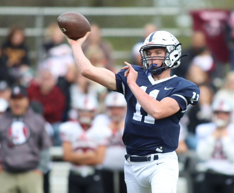 Cary-Grove’s Peyton Seaburg passes the ball against Antioch in IHSA Class 6A second-round playoff football action on Saturday, Nov. 9, 2024, at Al Bohrer Field on the campus of Cary-Grove High School in Cary..