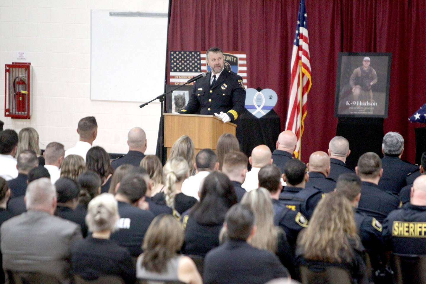 Kane County Sheriff Ron Hain speaks during a funeral in honor of Kane County Sheriff K9 Hudson, who lost his life in the line of duty last month, on Thursday, June 1, 2023 at Kaneland Harter Middle School in Sugar Grove.