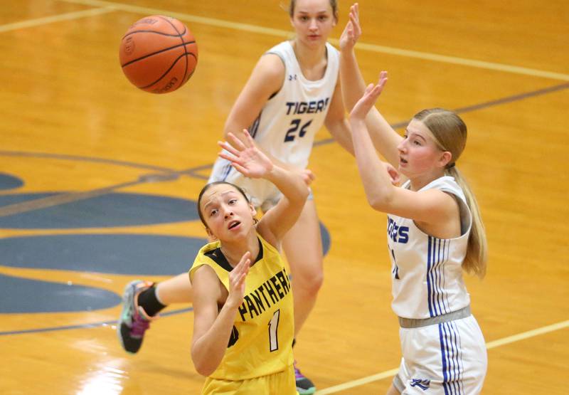 Putnam County's Eme Bouxsein looses control of the ball as Princeton's Payton Brandt defends during the Princeton Holiday Girls Basketball Tournament on Tuesday, Nov. 19, 2024 at Princeton High School.