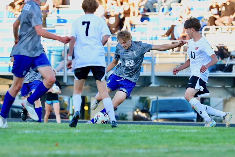 Princeton's Jacoby Smallwood takes a shot in Tuesday's match vs. Stillman Valley at Bryant Field. He scored three goals to lead the Tigers to a 4-0 win.
