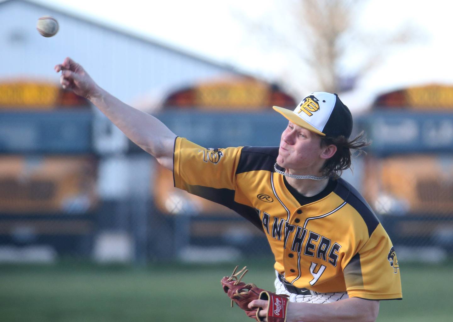 Putnam County pitcher Miles Main lets go of a pitch to Woodland/Flanagan-Cornell on Tuesday, April 9, 2024, at Woodland School in rural Streator.
