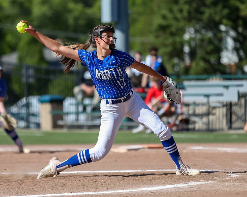 St Charles North's Ava Goettel (17) delivers a pitch during the Class 4A Glenbard West Regional Final softball game between Glenbard North at St Charles North.  May 26, 2023.