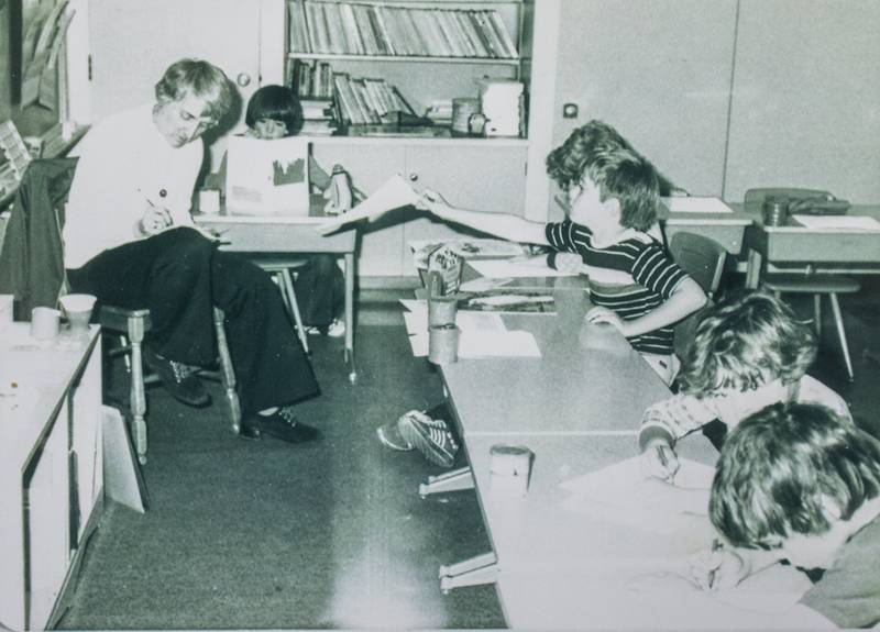 Joan Hoffman in her first grade classroom at St. Mary Catholic School in DeKalb in 1980.