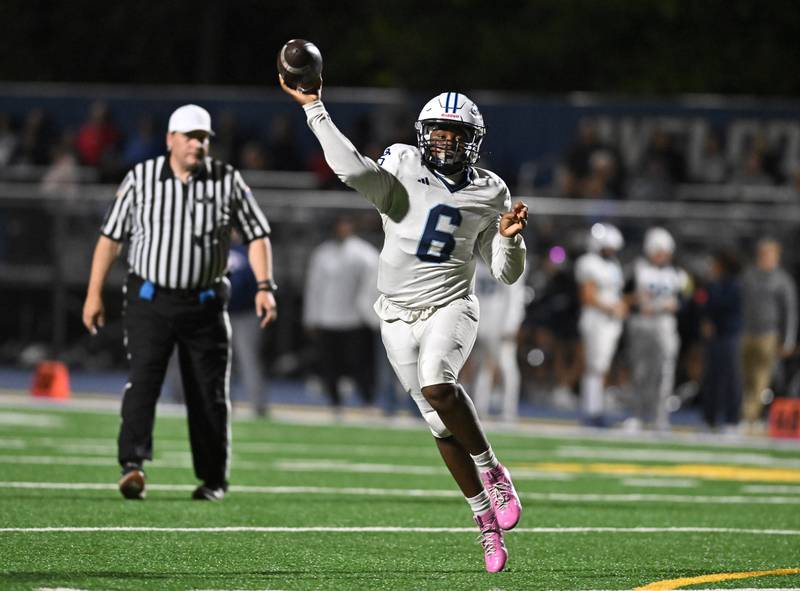 Plainfield South's Armani Ford (6) throws a pass during the conference game against Joliet Central on Friday, OCT. 17, 2025, at Joliet.