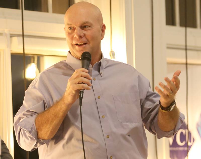 WLPO morning host Rod Thorson speaks to a crowd during the WLPO 75th Anniversary party on Wednesday, Nov. 16, 2022 at Senicas Oak Ridge in La Salle.