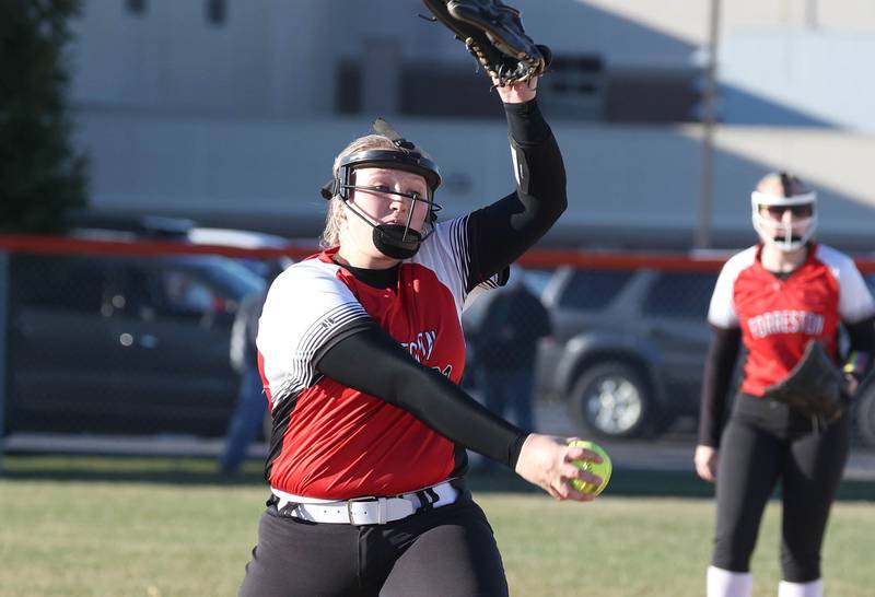 Forreston’s Aubrey Sanders delivers a pitch during their game against Genoa-Kingston Friday, March 15, 2024, at Genoa-Kingston High School.